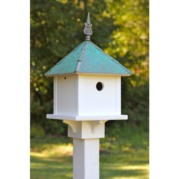 Heartwood Skybox - White Cellular PVC/Verdigris Copper Roof Birdhouse  by Heartwood