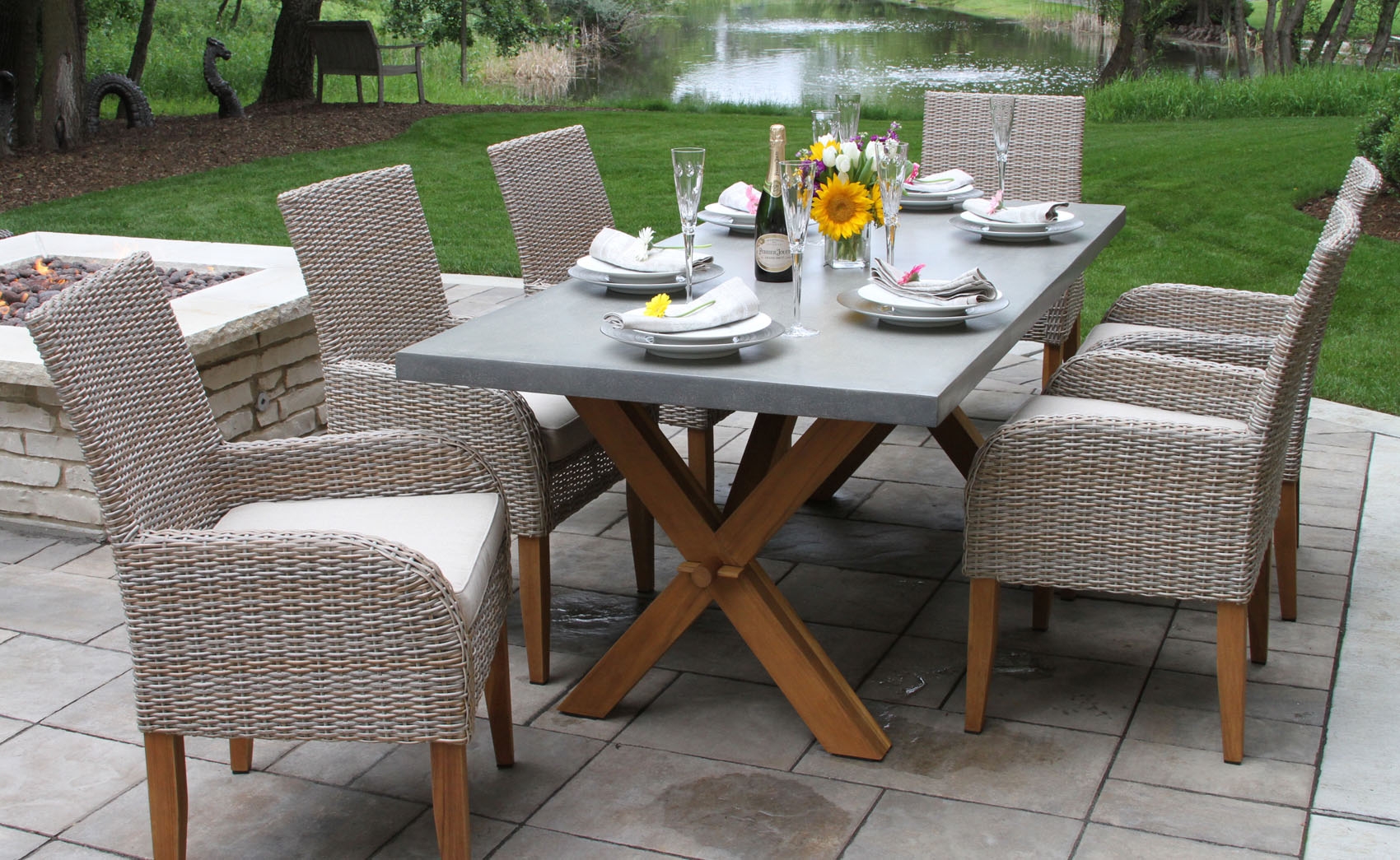 Outdoor Interiors 7pc Teak and Wicker Dining Set - Gray